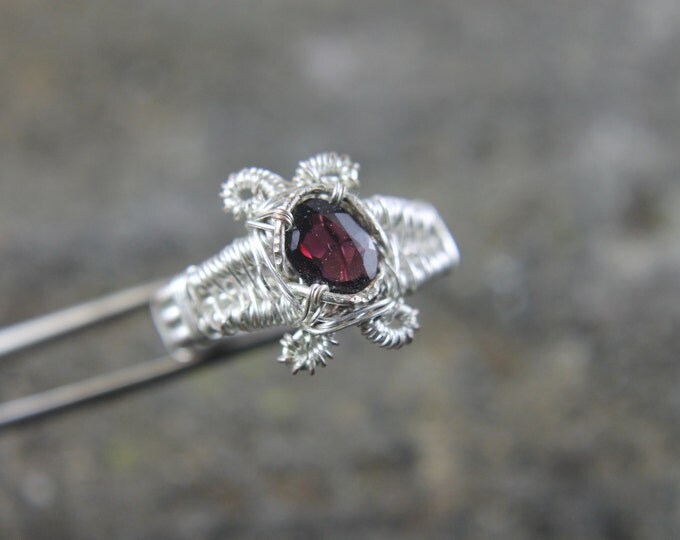 Silver Wire Weave Garnet Gemstone Ring Size 9, Wire Wrap January Birthstone Jewelry, Unique Birthday or Valentine's Day Gift for Him or Her
