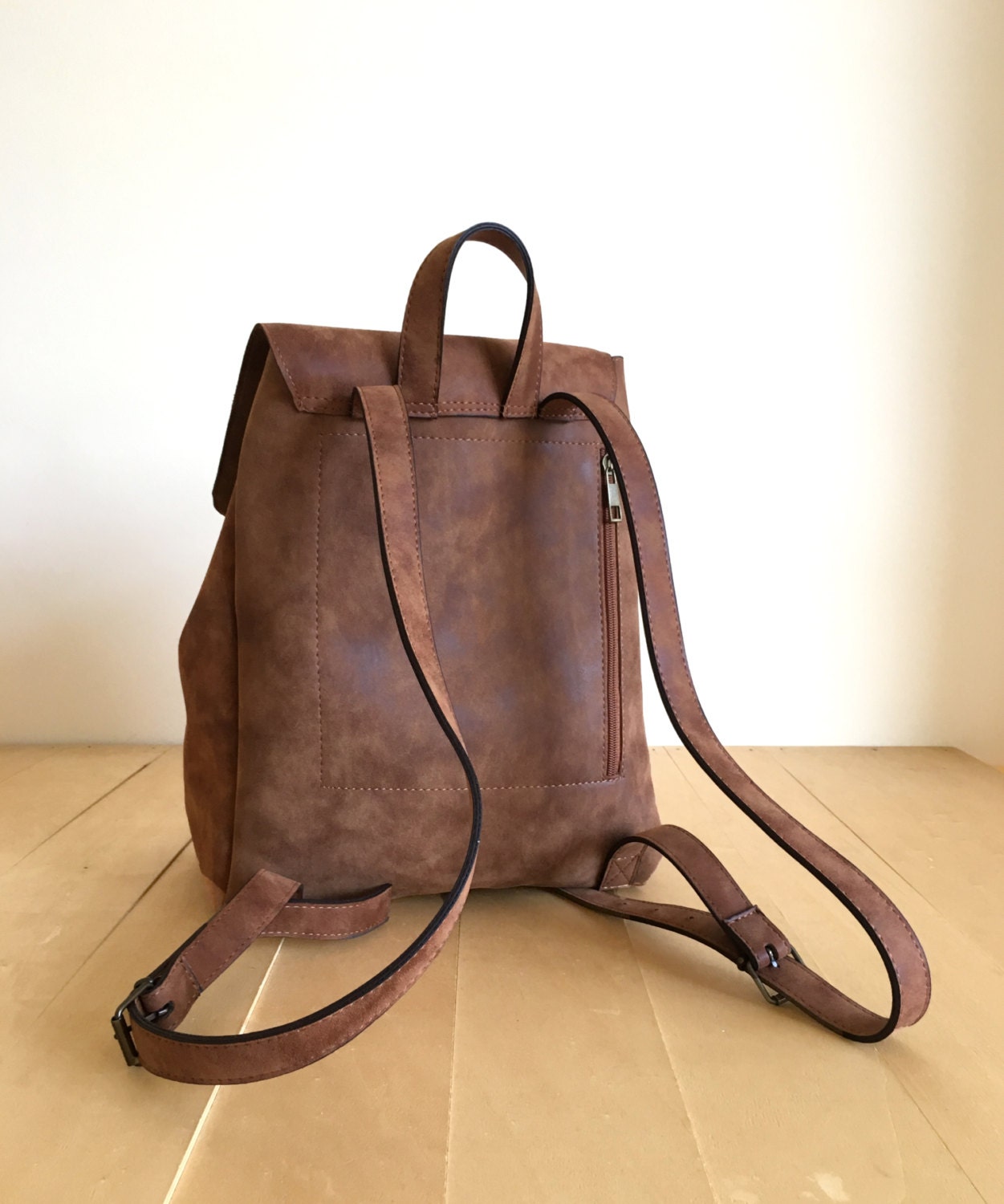 Faux Leather Brown Backpack Vegan Backpack Water Resistant