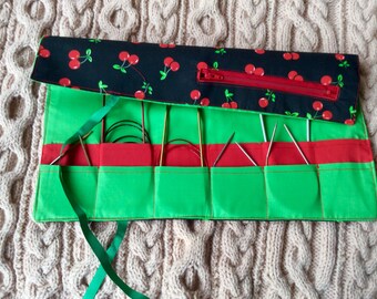 Circular knitting needle case, with zip pocket. Knitting needle organiser. Needle tidy. Knitters needle roll. Knitters gift idea.