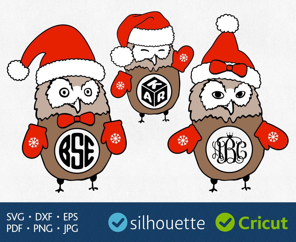 Download Christmas Owl svg cuttable monograms svg Owl in Santa Hat svg