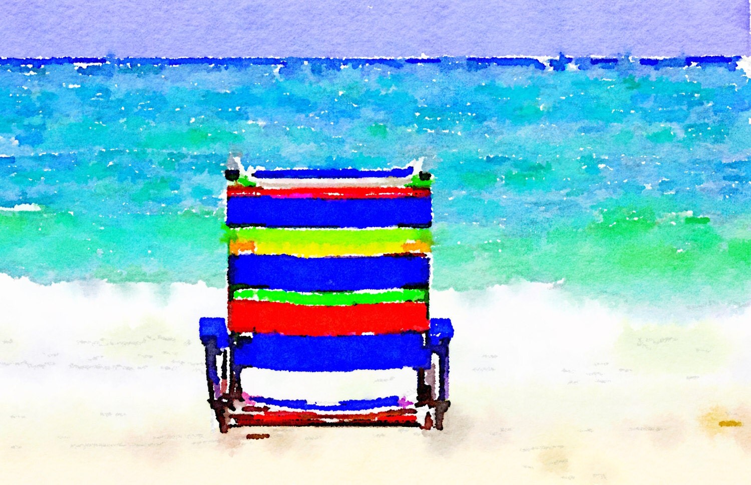 Beach Chair. Watercolor print of the blue green waters of the
