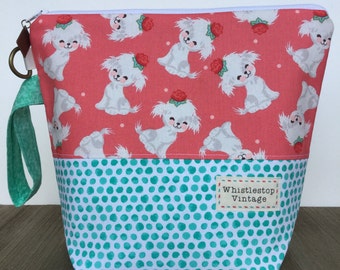 Project Bag, Knitting Bag, Wedge Bag, Zippered Pouch Bag, Sock Knitting, Retro Puppies and Dots