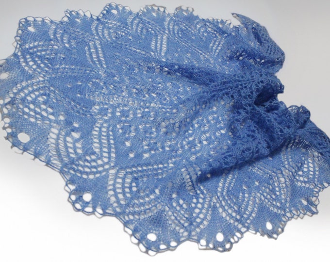 Knitted shawl, blue shawl, shawl scarf, triangular scarf, mohair shawl, openwork scarf, downy shawl, lacy shawl