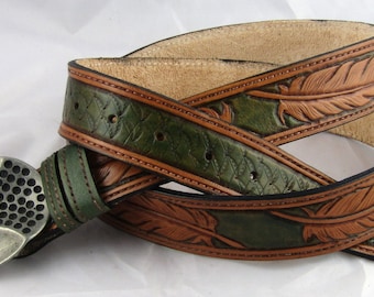 Hand Tooled Leather Belt, leather belt, leather hand-carved belt, sheridan belt, sheridan leather waistbelt, Hand Tooled Leather Belt