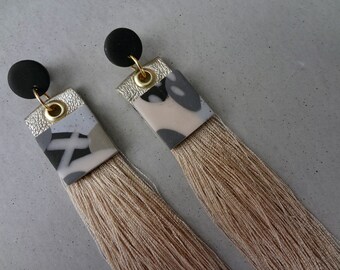 Urban Tribal Earrings - Charcoal Square / Leather Earrings / Tassel Earrings / Polymer Clay Earrings / Stud Earrings