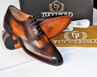 TucciPolo Oxford Wingtips Handstitched Luxury Mens Handmade Bleach Brown Italian Leather Shoe