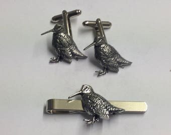 Standing Woodcock Y20 On A Pair of Cufflinks With A Tie Slide Set Made From English Modern Pewter