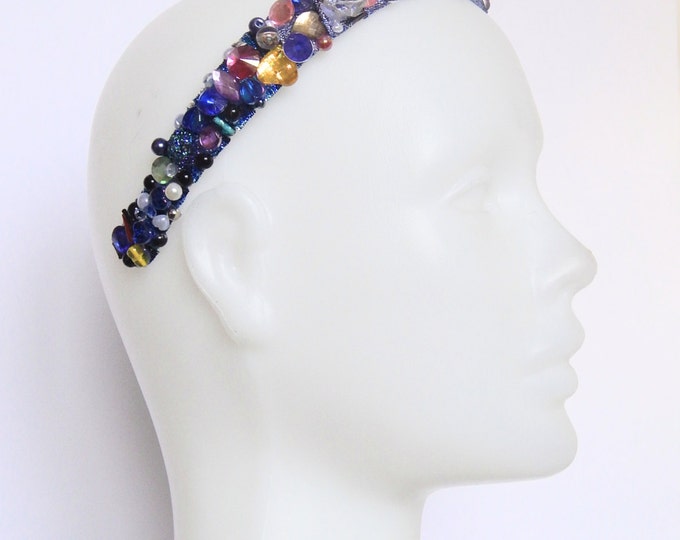 Multicolor headband, festival headdress, rainbow rave headdress, gift for women, rhinestones beaded designer carnival hair piece, hairdress