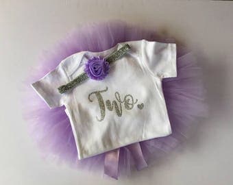 2nd Birthday Outfit Girl Two Tutu Outfit Cake Smash Shirt Purple and Silver Glitter Onesie Bodysuit Headband Photo Prop Lavender