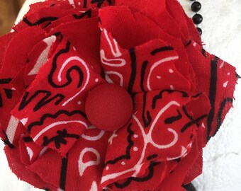 Red bandanna, hair clip, Hair Flower, Flower Barrette, Red, Red Button, Bandanna Flower, Hair bow