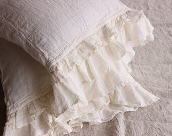 Linen Ruffled Pillow Sham Stone Washed Softened Frill Pillow Case Organic Soft Natural linen Standard Queen EUR King Pillow Sham with Ruffle