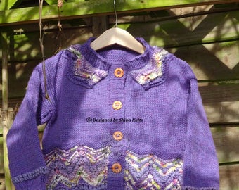 Girls Purple Cardigan, Girls Handknit, Handknitted Cardigan,Girls Patterned Cardigan, Handknitted, Purple Cardigan,Purple handknit