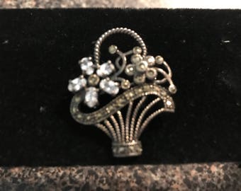 Vintage Sterling Silver Marcasite Basket Brooch