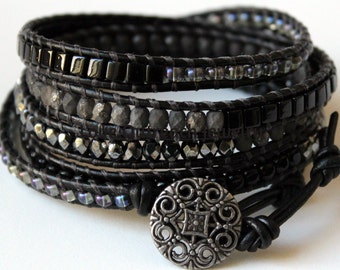 Leather Wrap Bracelet, Black Wrap Bracelet, Wounded Warrior, Leather Beaded Wrap Bracelet, Leather Wrap, Men's Wrap Bracelet, Wrap Bracelet