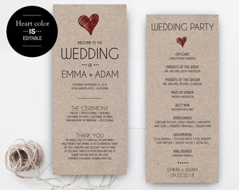 Wedding program template download, Printable Wedding Program, Rustic wedding, Ceremony printable template, instant download, editable