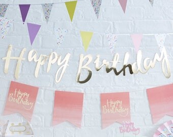 Gold Happy Birthday Banner, Gold Birthday Bunting, Gold Birthday Party Decorations