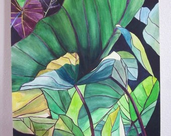 ORIGINAL watercolor painting, Leaves painting, Leaves watercolor, Green leaves, Large watercolor, Large painting, Green flowers, Leaves art