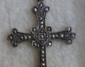 Vintage Sterling Silver Ornate Marcasite Cross Pendant
