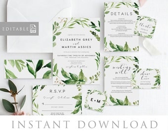 Leaves Wedding Invitation INSTANT DOWNLOAD, Editable PDF Rush Order, Green Wedding Invite, Rustic Invite - Woodland