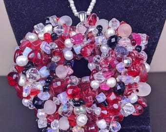Hand made Aquamarine, Red Sardonyx crystal & Pearl necklace