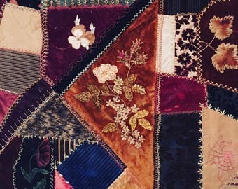Antique CRAZY Quilt ca. 1880's / SILKS, VELVETS & Assorted fabrics wall hanging
