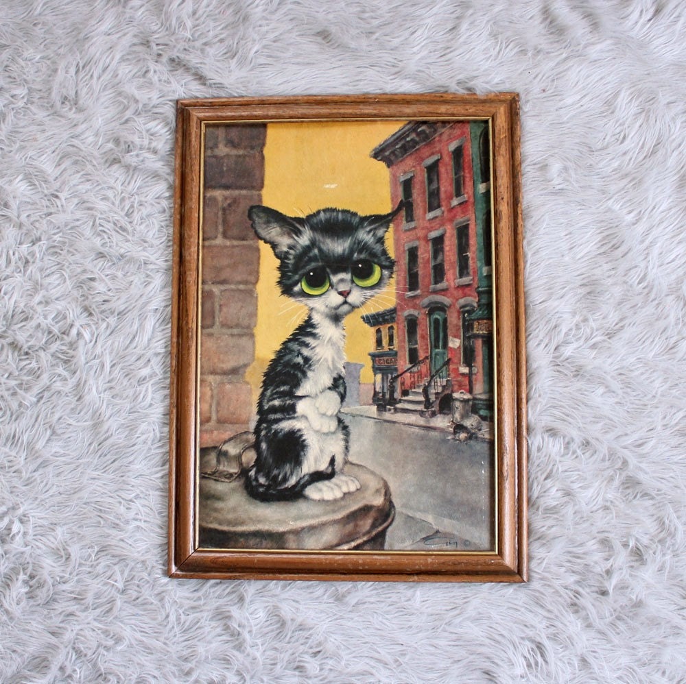 kitsch vintage cat painting lithograph by Gig . big eyes art