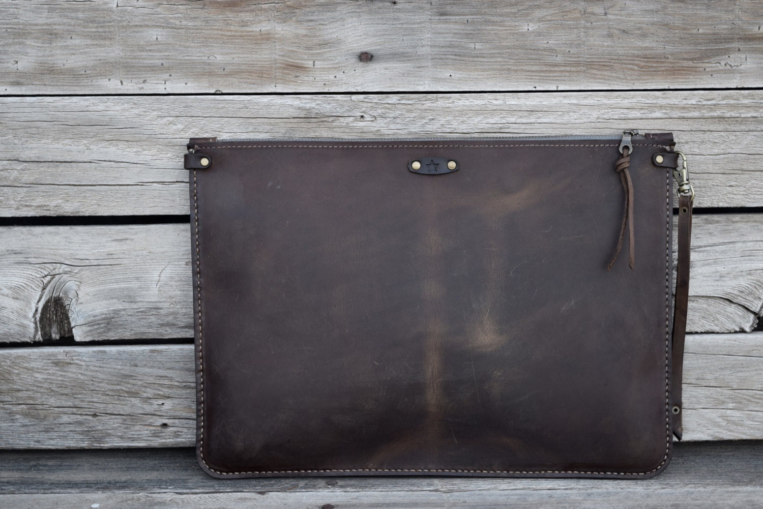Leather Portfolio / Unisex / Mens Zipper Bag / Brown Leather