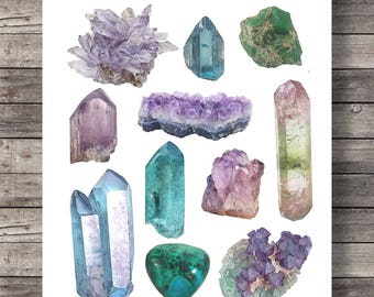 Vintage Gemstones and Minerals art print | Watercolor gemstones and crystals | Hand painted semi precious stones | geology decor Printable