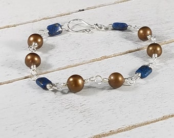 Pearl and Lapis Sterling Silver Wire Wrap Bracelet / Handmade Bracelet / Bead Bracelet / Pearl Bracelet / Lapiz Bracelet /Wire Wrap Bracelet