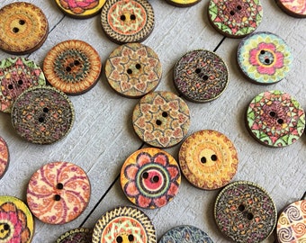 Boho Wooden Buttons (B120) 20 or 100 Fancy Painted 3/4" Diameter Wood Buttons Assorted Styles and Colors Sewing Crafts Scrapbook Supplies
