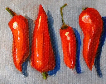 Red Pepper, Still Life, Original, Oil Painting, Small 4x6 Canvas, Southwestern Vegetable, Kitchen Wall Decor, Blue Gray, Miniature Art