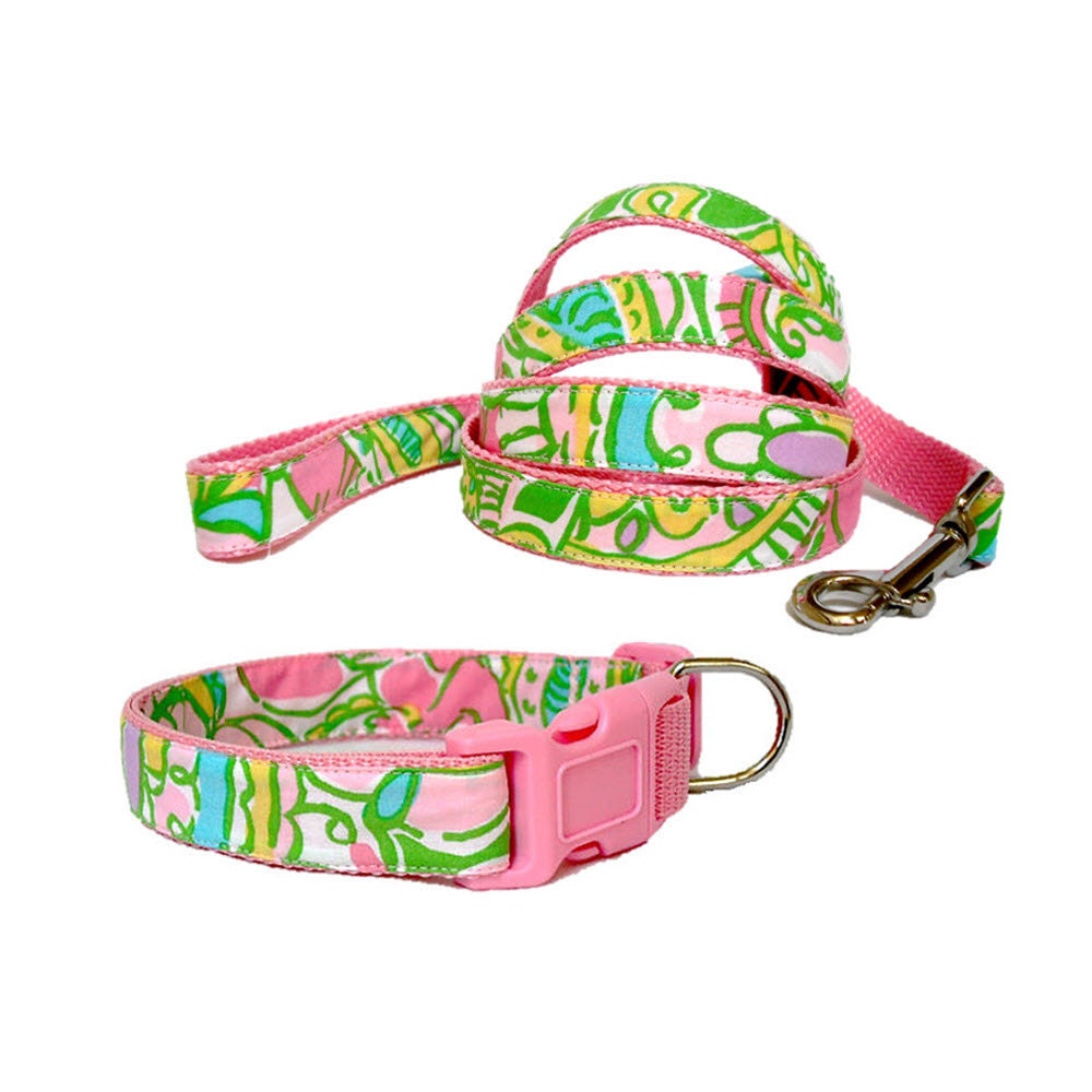 Dog Collar and Leash Set Made from Lilly Pulitzer Multi Chin