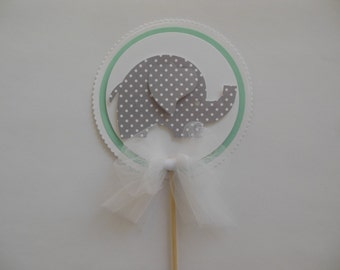 Elephant Cake Topper - Gray Polka Dots, Mint Green and White - Baby Shower Decorations