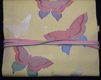 Vintage Japanese Nagoya Obi Belt and Obijime Set - Butterflies on Yellow