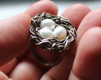 Sterling Silver and Freshwater Pearl Bird's Nest Ring, Whimsical Ring, Oxidized Sterling Silver, Three Pearls, Mother's Day Gift