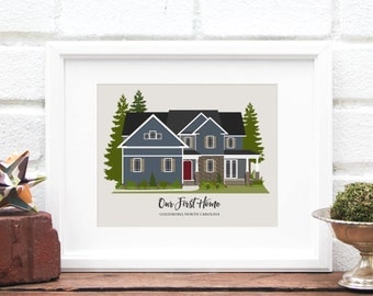 Custom Home Illustration, Mothers Day Gift for Mom, New House Gift, First Home, Cabin, Housewarming Gift, Childhood Home - Art Print