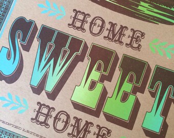 HOME SWEET HOME wall art letterpress poster travel art Airstream trailer home decor turquiose and green on Kraft paper