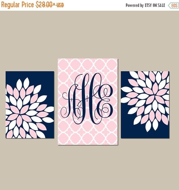 NAVY PINK Wall Art Canvas or Prints Baby Girl Nursery by TRMdesign