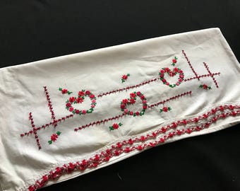 Vintage Single Orphaned Red and White Hand Embroidery Hearts & Flowers Pillowcase with Crochet Trim