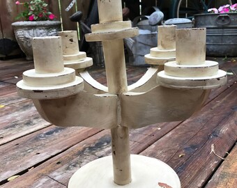 Vintage Chippy Creamy White Paint Distressed Look Oak Candleholder