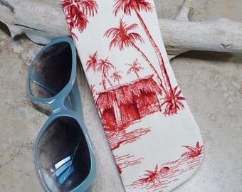 Sunglass Case,Eyeglass Case,Tropical Beach Scene Fabric Eyewear Sleeve, Red & Ivory Tropical Print Fabric, Beach, Eyeglass Sleeve