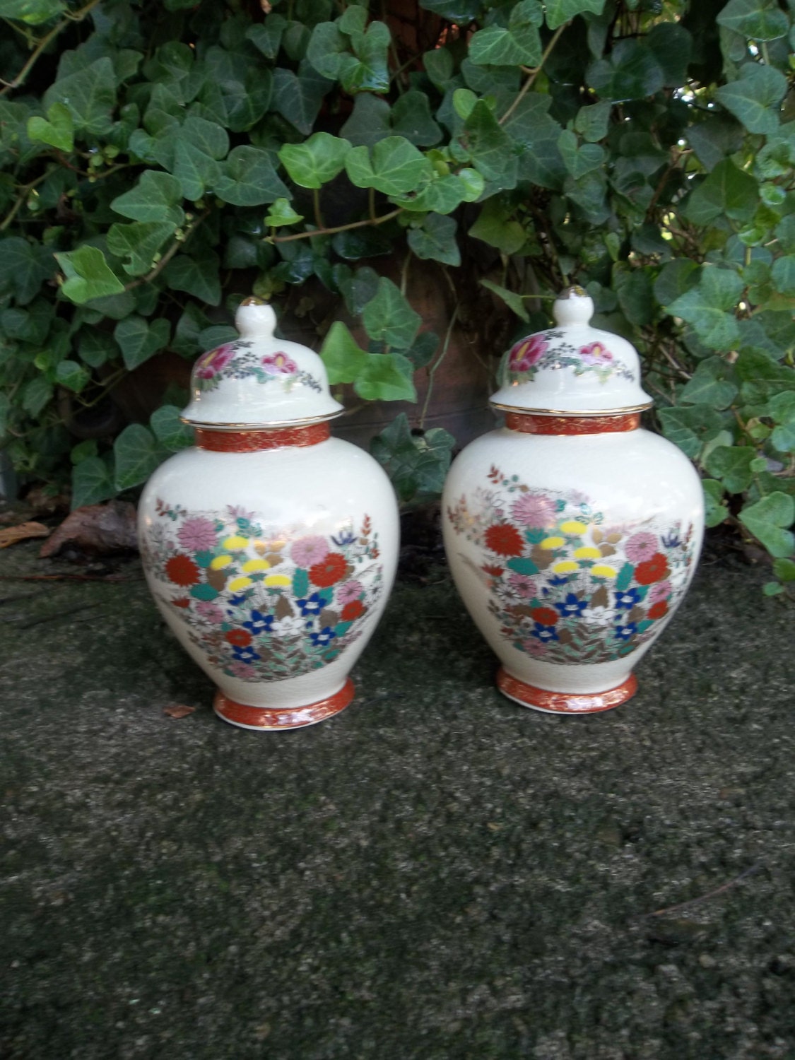 Pair Vintage Ginger Jars Chinoiserie Oriental Vases Made in
