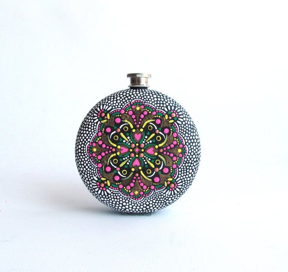 Round Flask: Hand Painted 10 fl oz Stainless Steel flask Wedding gift Groomsman Groom Hot pink and black