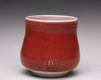 handmade porcelain tumbler, pottery cup, ceramic teacup with bright red and turquoise celadon glazes