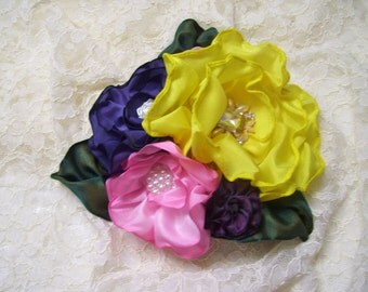 Ribbon Flowers Fascinator, Hat Adornment, Gift Topper, Flower BrooCh, Millinery, Mother's Day Pin