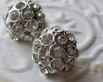 Vintage Buttons - 2 beautiful domed, matching rhinestone embellished, antique silver finish metal (apr 6 17)