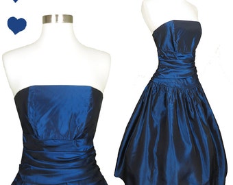 Vintage 80s Dress // Strapless Deep Blue Taffeta Party Dress XS S Full Skirt Bridesmaid Glam Prom Dance Midnight Cocktail Dark Bombshell