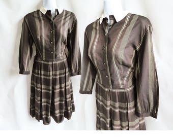 Vintage 50s Dress Size L Brown Stripe Shirtwaist Cotton Boxpleat Rockabilly 60s