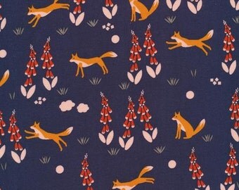Fox in the Foxgloves Navy - Foxglove - Aneela Hoey - Cloud 9 Fabrics 100% Organic Cotton