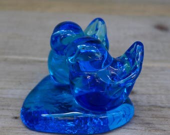 Double Blue Bird of Happiness Art Glass Signed Leo Ward 1989